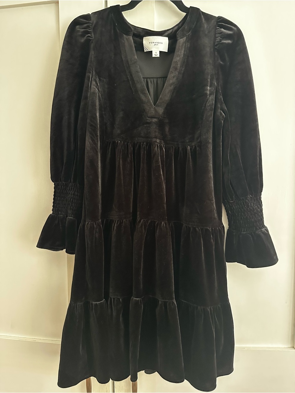 Pomander Place Black Velvet Tiered Long Sleeve Dress